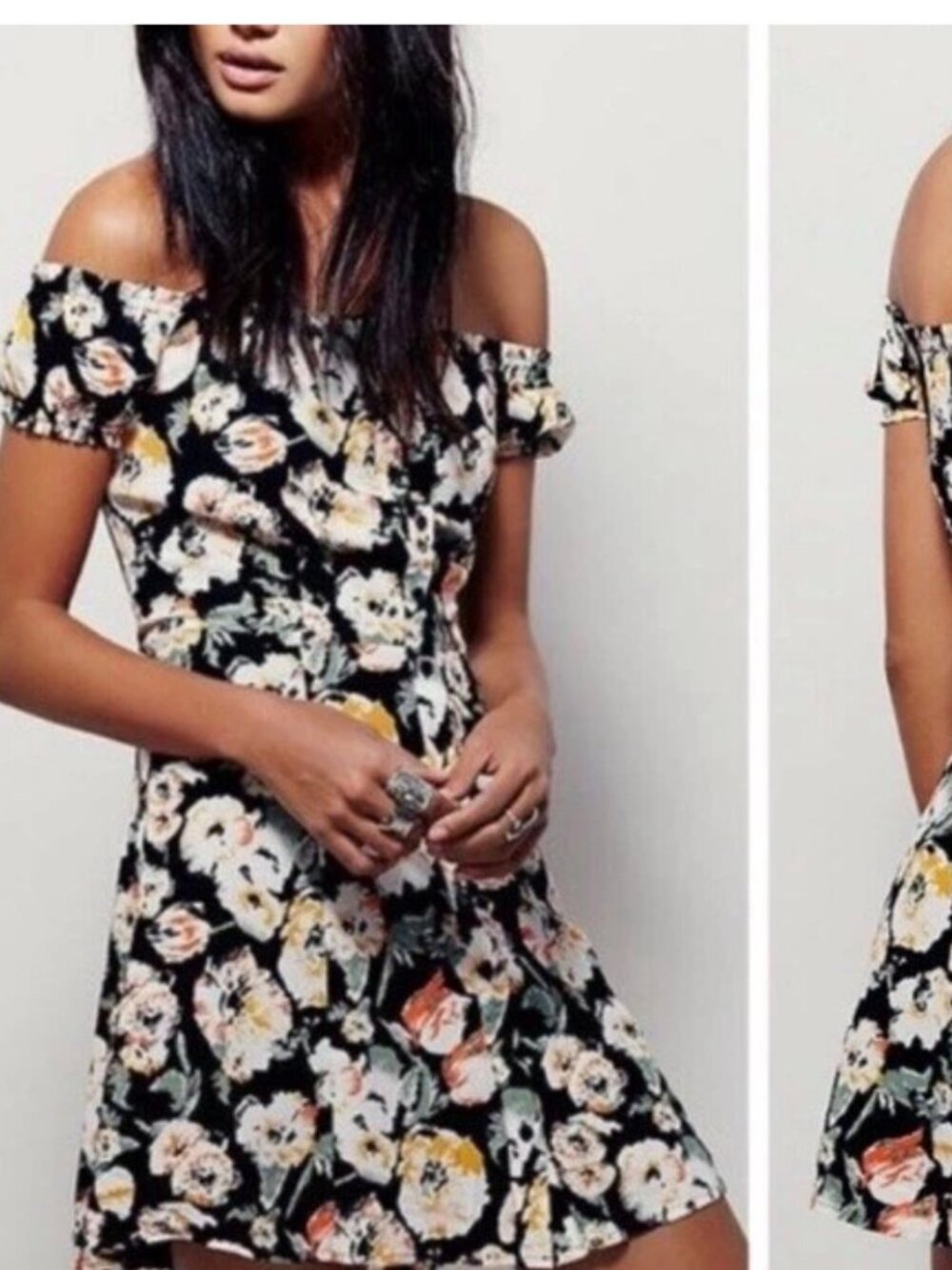 Free People Size 2 Italian Breeze Dark Floral Off Shoulder Mini Dress Pockets